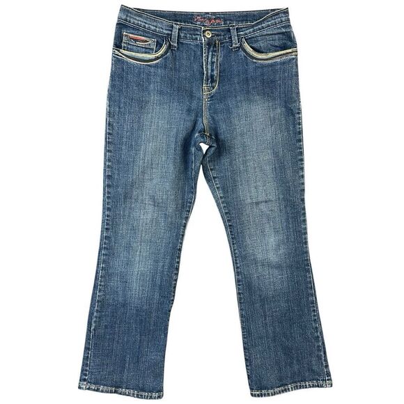 Lena Jeans Blue Denim BOHO Colorful Embroidery W28 Mid Rise Festival Button Flap - Picture 1 of 12